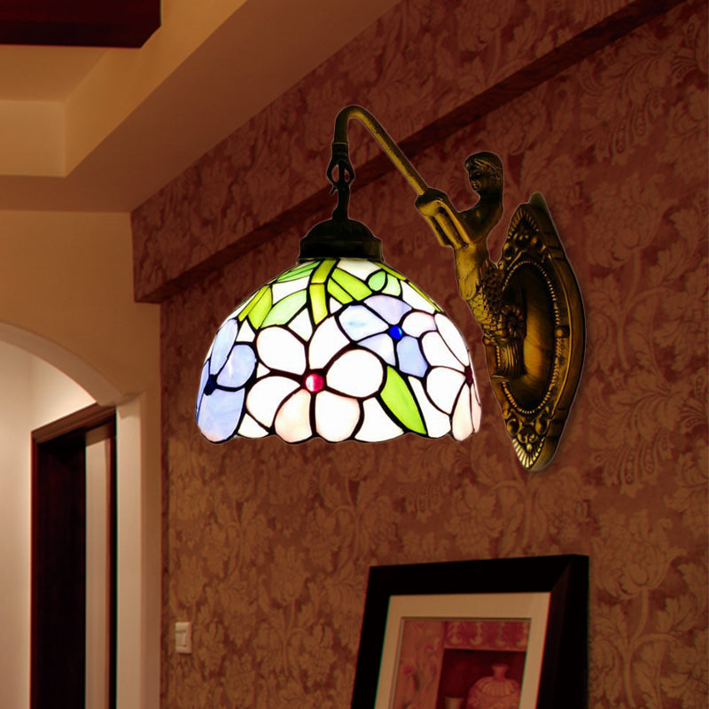BowLift | Tiffany 1 Main Assembly Light Pink/Green-Pink Bowl Wall Lamp with Yellow Colored Glass and Mermaid Back Plate