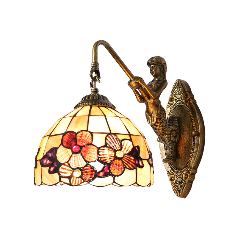 BowLift | Victorian Dome Wall Lamp Light Beige Glass 1 Head Bedside Wall Mount Light with Flower Pattern