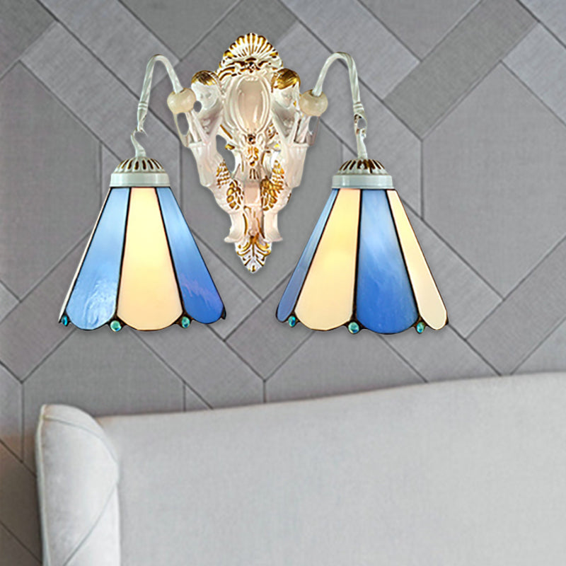 BowLift | White Conical Wall-Mounted Light Mediterranean 2 Heads Blue-Beige Glass Wall Lamp