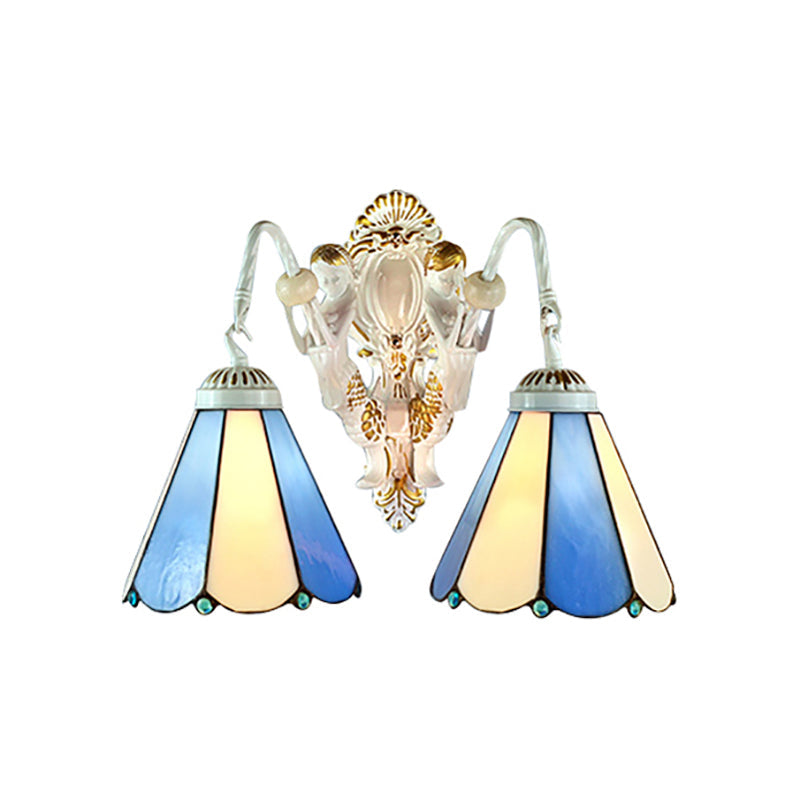 BowLift | White Conical Wall-Mounted Light Mediterranean 2 Heads Blue-Beige Glass Wall Lamp