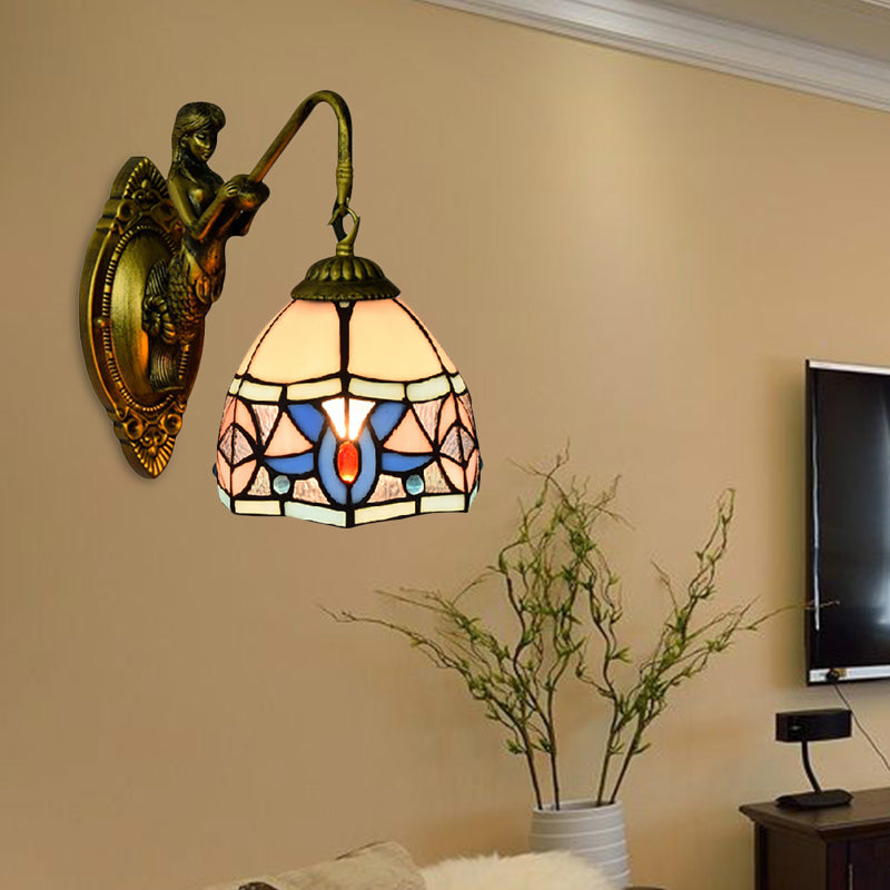 BowLift | Tiffany Bowl Wall Lamp Beige Glass 1 Head Sconces Light with Mermaid Decoration