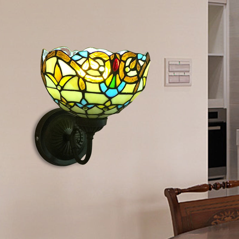 BowLift | Baroque Wall Lamp 1 Head Yellow/Blue Glass Wall Mounted Light with Flower Pattern