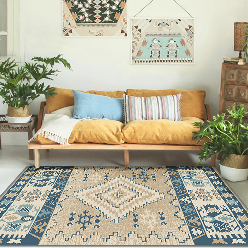 BowLift | Brown and Blue Bohemian Rug Synthetic Tribal Diamond Pattern Rug Pet-Friendly Washable Non-Slip Rug for Decoration