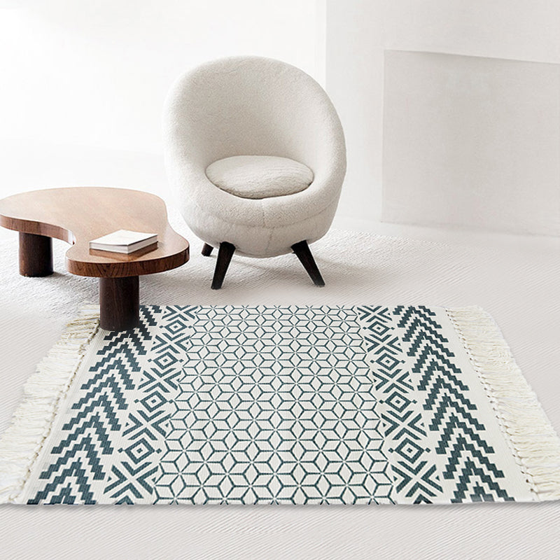 BowLift | White and blue bedroom rug southwest tribal pattern rug cotton non-slip back washable area rug