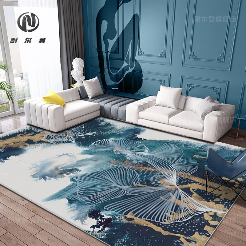 BowLift | Blue Modernism Rug Polyester Swirl Stripes and Watercolor Pattern Rug Pet-Friendly Washable Non-Slip Rug for Bedroom