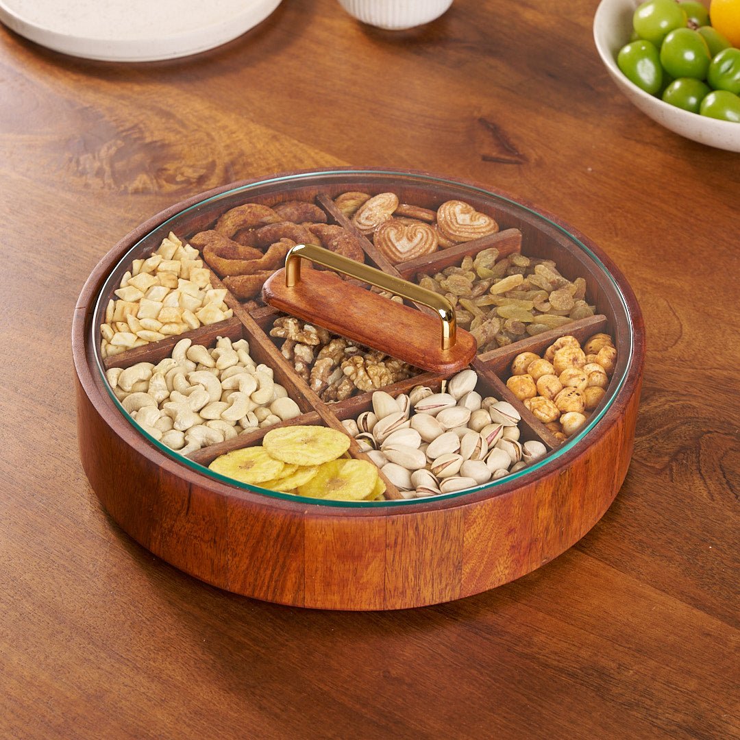 BowLift | BambooSpin – 9-Compartment Serving Tray with Rotating Lid | Premium Bamboo Snack Platter