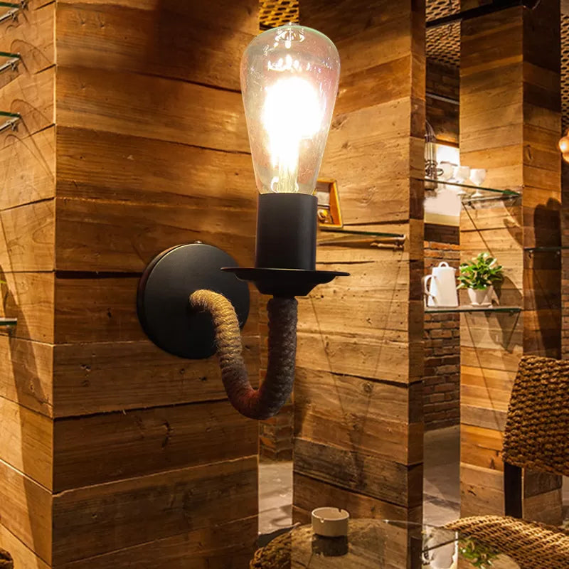 BowLift | Rope wrapping Arm Wall lamp Rustic 1 head Bathroom wall-mounted lamp with Open bulb design in Black