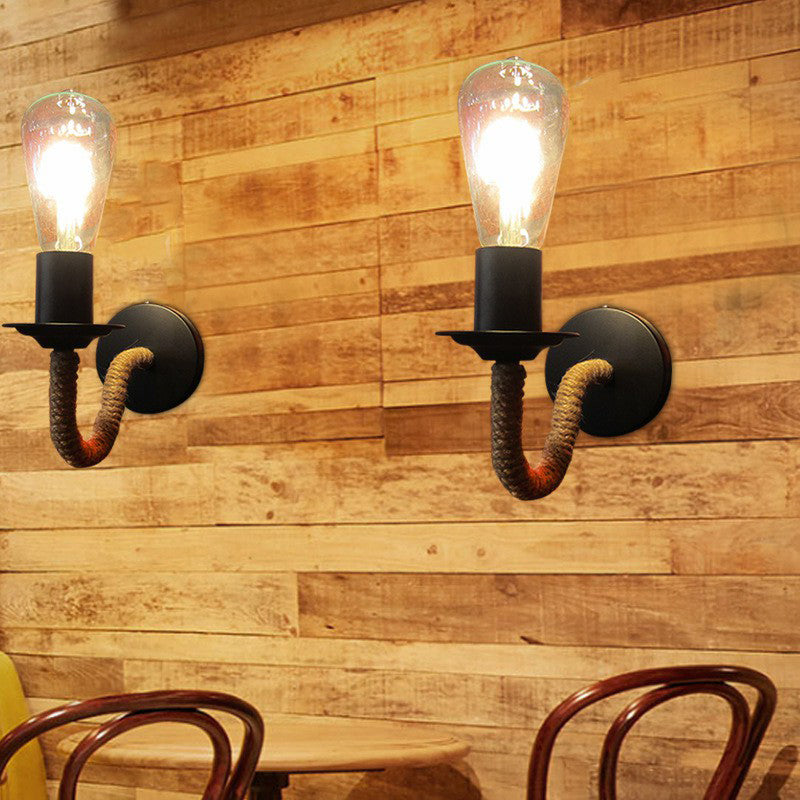 BowLift | Rope wrapping Arm Wall lamp Rustic 1 head Bathroom wall-mounted lamp with Open bulb design in Black