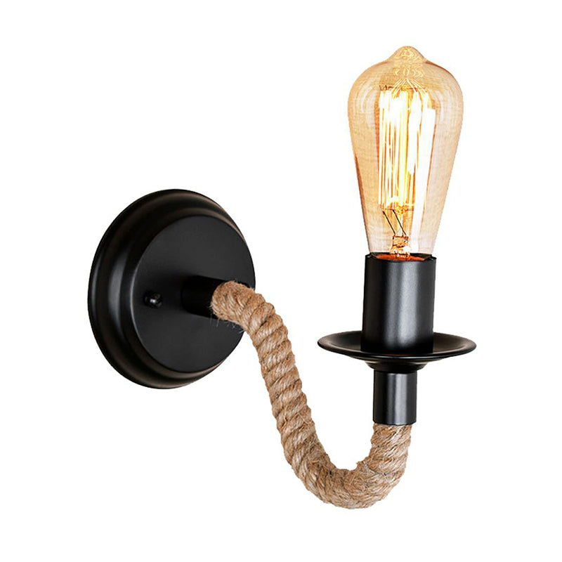 BowLift | Black 1 Bulb Wall Lamp Fixture Lodge Metal Oval/Round Back Plate Wall Light with Curved Rope Arm