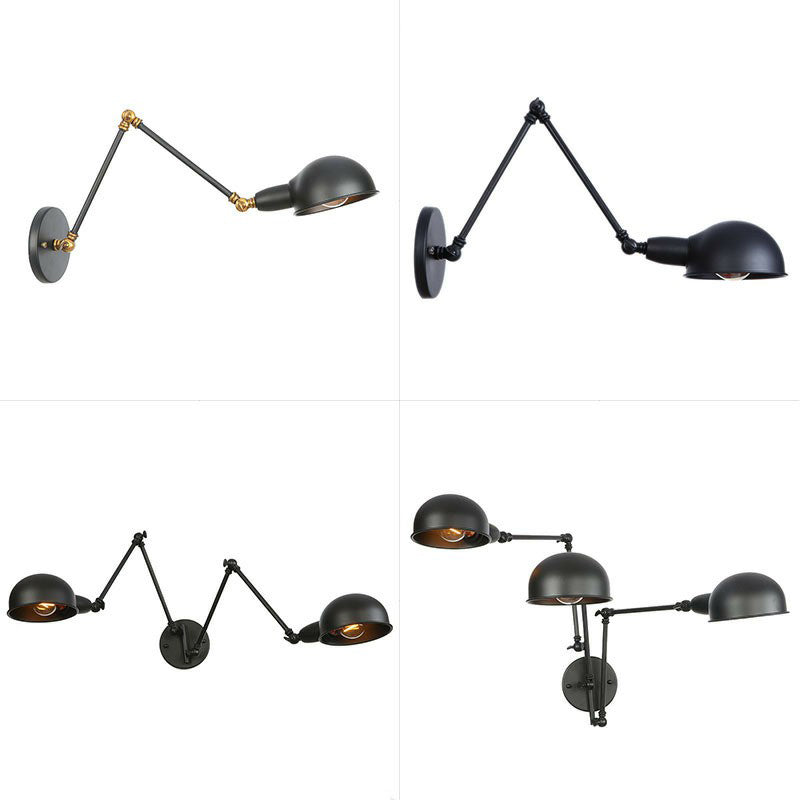 BowLift | Industrial Dome-Shaped Wall Lamp Kit Single Bulb Iron Wall Mount Lighting Fixture with Swing Arm in Black, 6"+6"/12"+6" W
