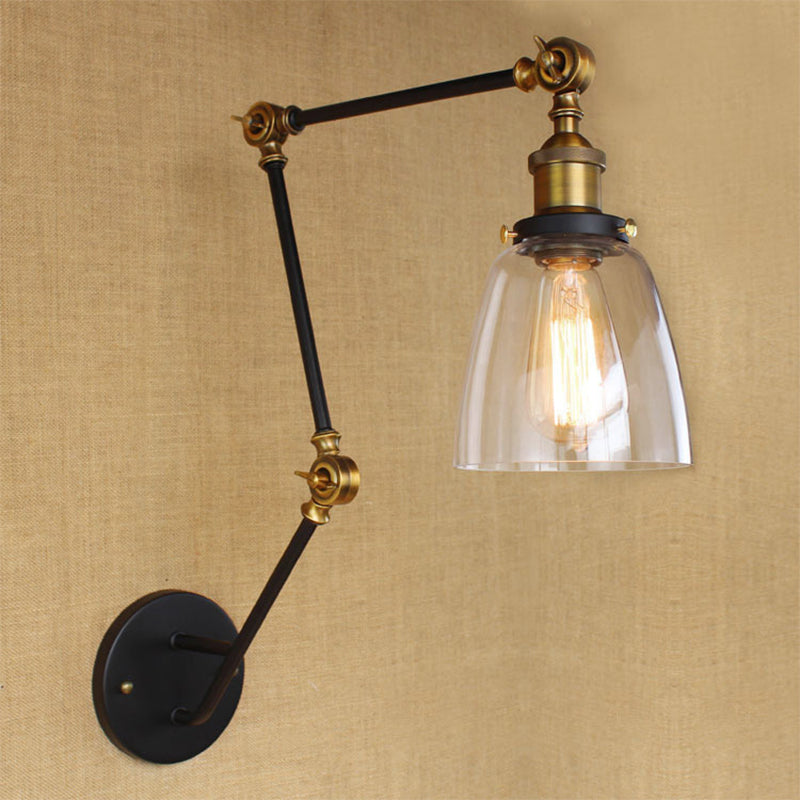 BowLift | Adjustable 3-Joint Arm Iron Wall Lamp Industry 1 Head Bedroom Wall Reading Light with Globe/Saucer Clear Glass Shade