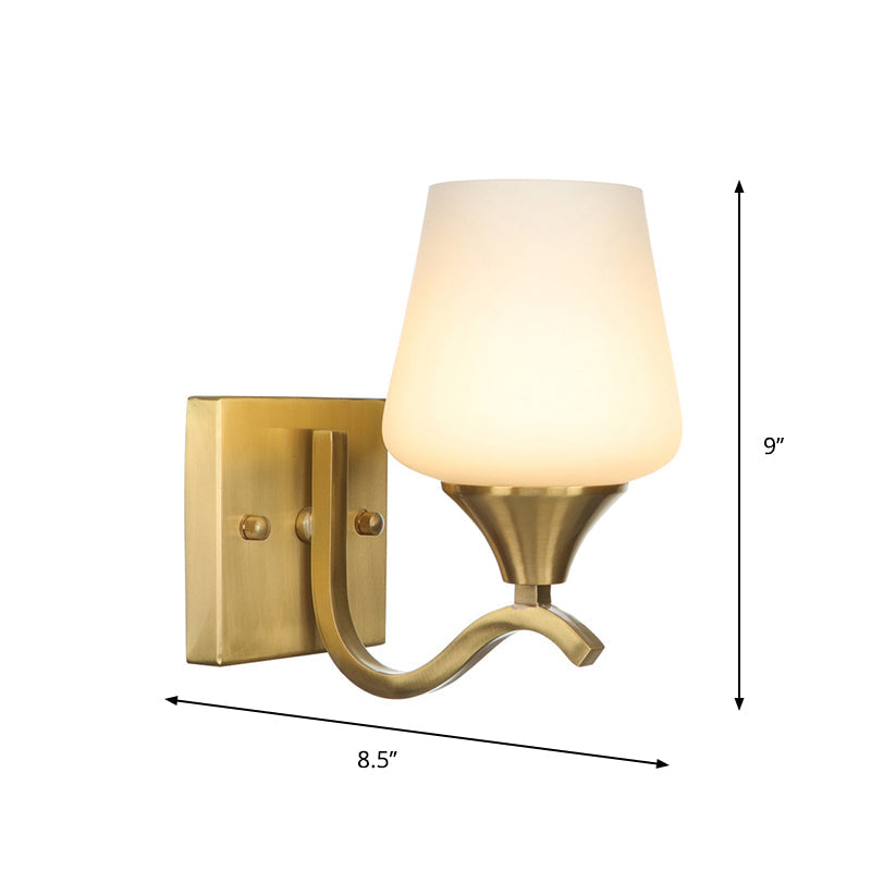 BowLift | Brass 1-Light Wall Lamp Fixture Antique Frosted White Glass Tulip Shade/Cylinder Wall Mount Light with Arm