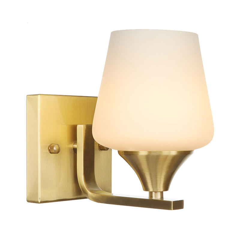 BowLift | Brass 1-Light Wall Lamp Fixture Antique Frosted White Glass Tulip Shade/Cylinder Wall Mount Light with Arm
