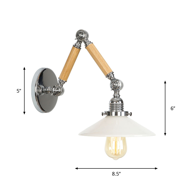 BowLift | Brown-Silver 1-Bulb Reading Wall Light Loft Clear Glass Bulb/Plate/Bell Shade Wall Lighting with Wood 2-Joint Adjustable Arm