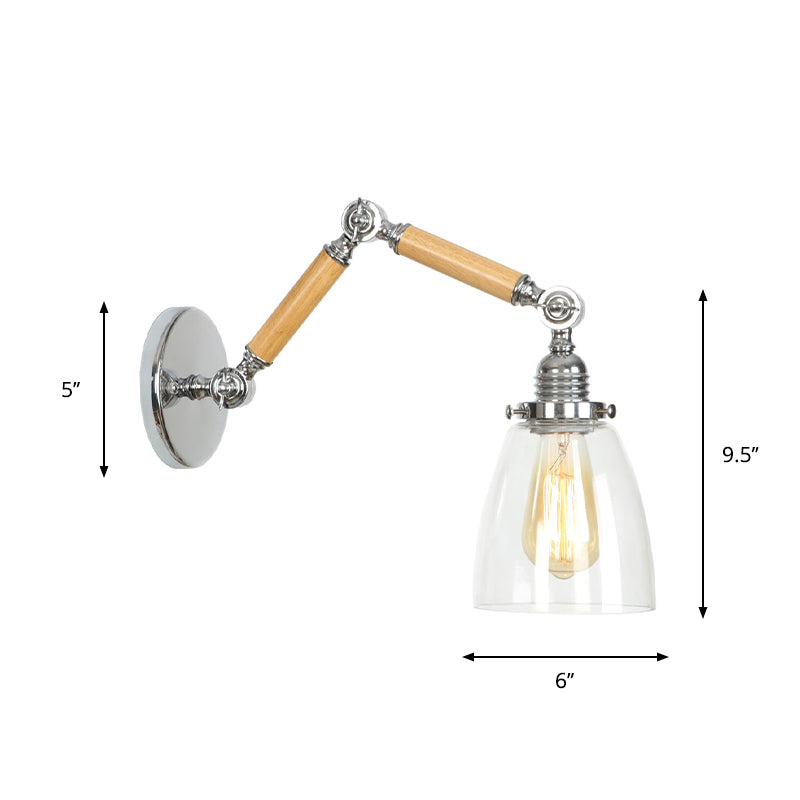 BowLift | Brown-Silver 1-Bulb Reading Wall Light Loft Clear Glass Bulb/Plate/Bell Shade Wall Lighting with Wood 2-Joint Adjustable Arm