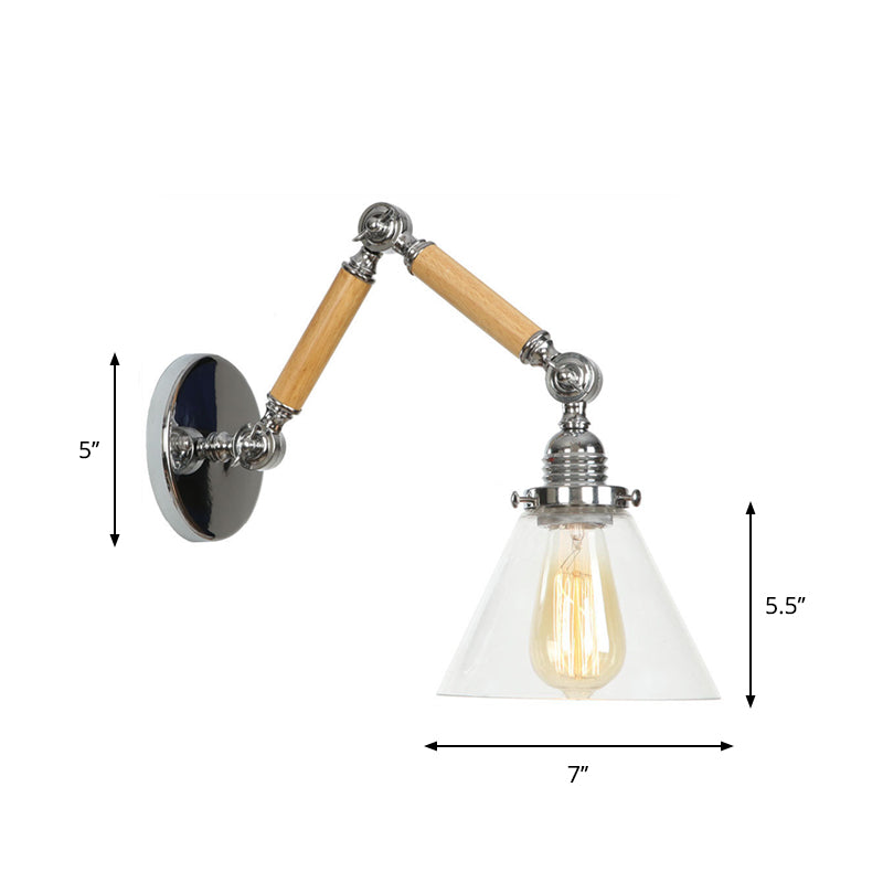 BowLift | Brown-Silver 1-Bulb Reading Wall Light Loft Clear Glass Bulb/Plate/Bell Shade Wall Lighting with Wood 2-Joint Adjustable Arm