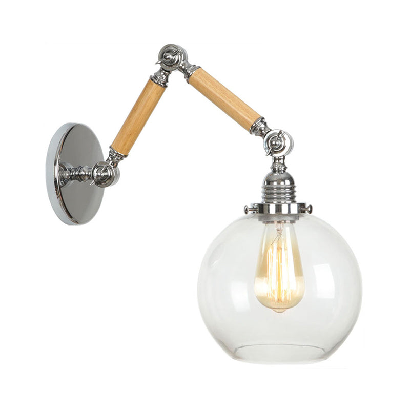 BowLift | Brown-Silver 1-Bulb Reading Wall Light Loft Clear Glass Bulb/Plate/Bell Shade Wall Lighting with Wood 2-Joint Adjustable Arm