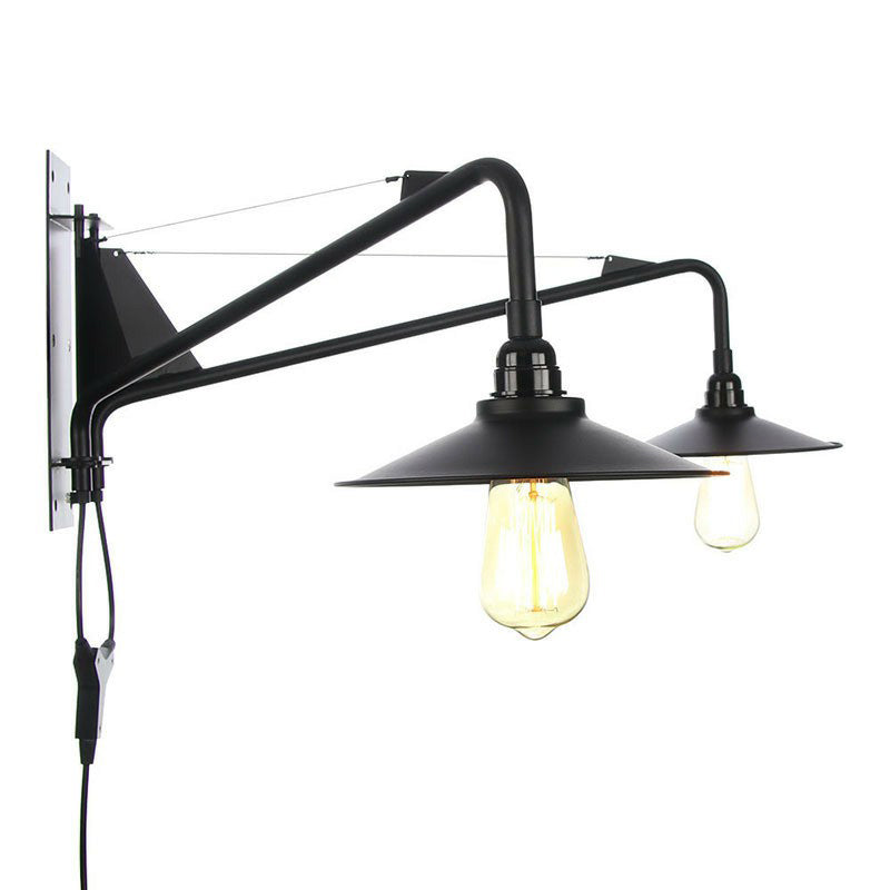BowLift | Industrial Scalloped/Exposed Wall Lamp 1/2-Light Iron Plug-in Wall Mounted Lighting with Long Swing Arm in Black
