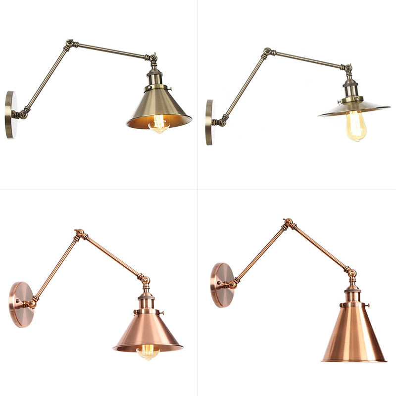 BowLift | 6"/8" L 2-joint swivel arm iron wall light industrial 1 bulb studio work wall lamp with cone shade in bronze/copper