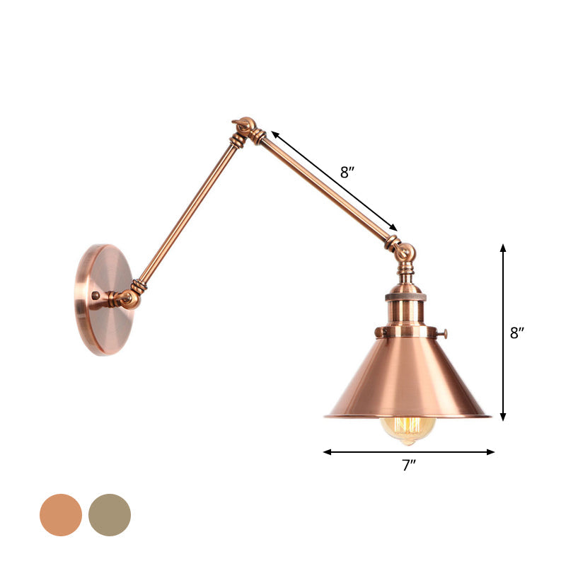 BowLift | 6"/8" L 2-joint swivel arm iron wall light industrial 1 bulb studio work wall lamp with cone shade in bronze/copper