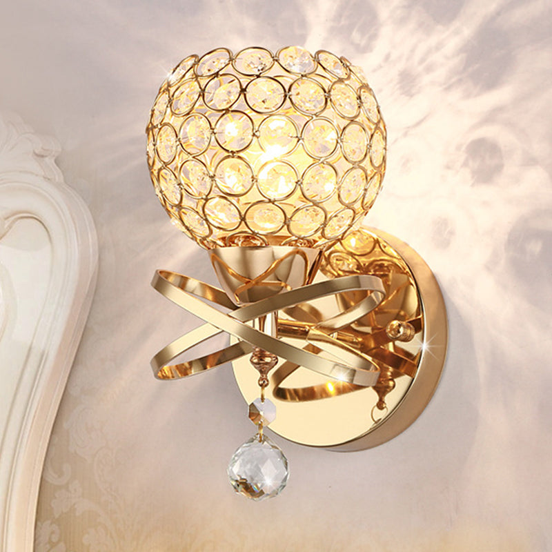 BowLift | Cross arm globe neck metal umbrella wall lamp crystal wall lamp in gold with hanging crystal ball