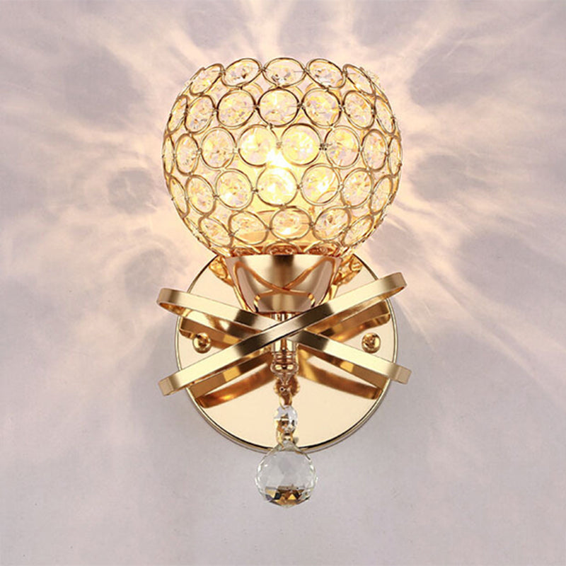 BowLift | Cross arm globe neck metal umbrella wall lamp crystal wall lamp in gold with hanging crystal ball
