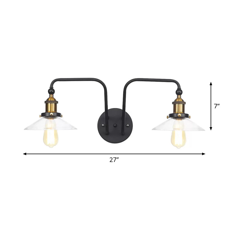 BowLift | Industrial conical/wavy/fanned wall lamp glass and metal black 2-bulb wall mounted lamp for indoor use