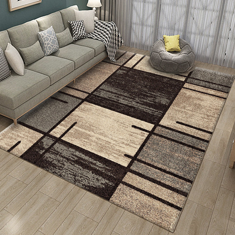 BowLift | Brown Bedroom Rug Novelty Geometry Rectangle Check Stripe Print Rug Polyester Washable Area Rug