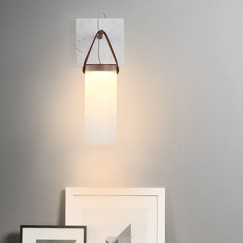 BowLift | Cylinder Nightstand Wall Hanging Lamp White Glass Nordic LED Wall Lamp with Leather Strap