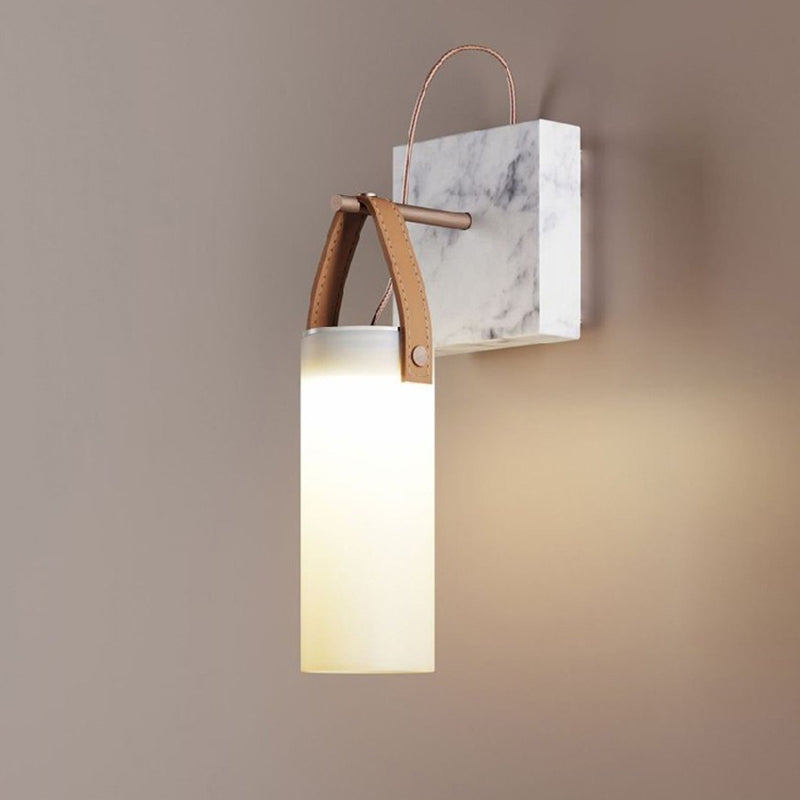 BowLift | Cylinder Nightstand Wall Hanging Lamp White Glass Nordic LED Wall Lamp with Leather Strap
