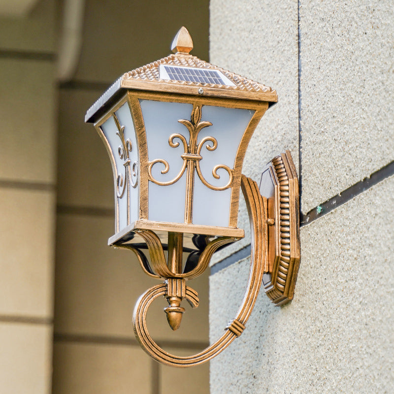 BowLift | Frosted Glass Curved Lantern Wall Light Traditional Terrace Small/Large Solar LED Wall Lamp in Black/Brass