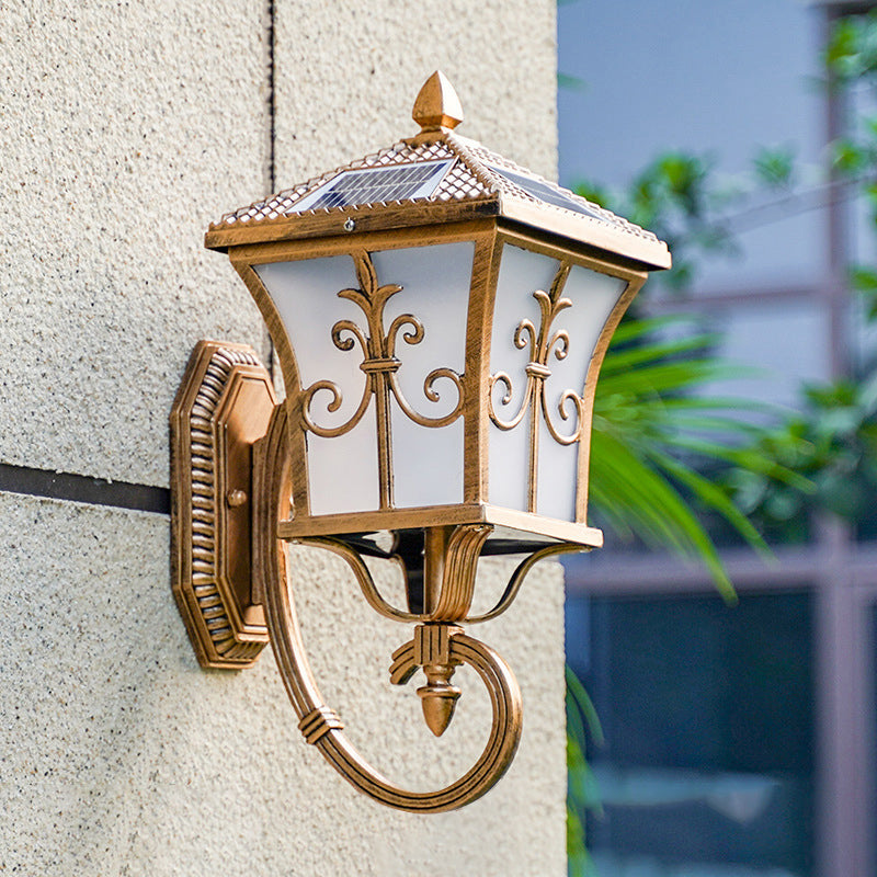BowLift | Frosted Glass Curved Lantern Wall Light Traditional Terrace Small/Large Solar LED Wall Lamp in Black/Brass