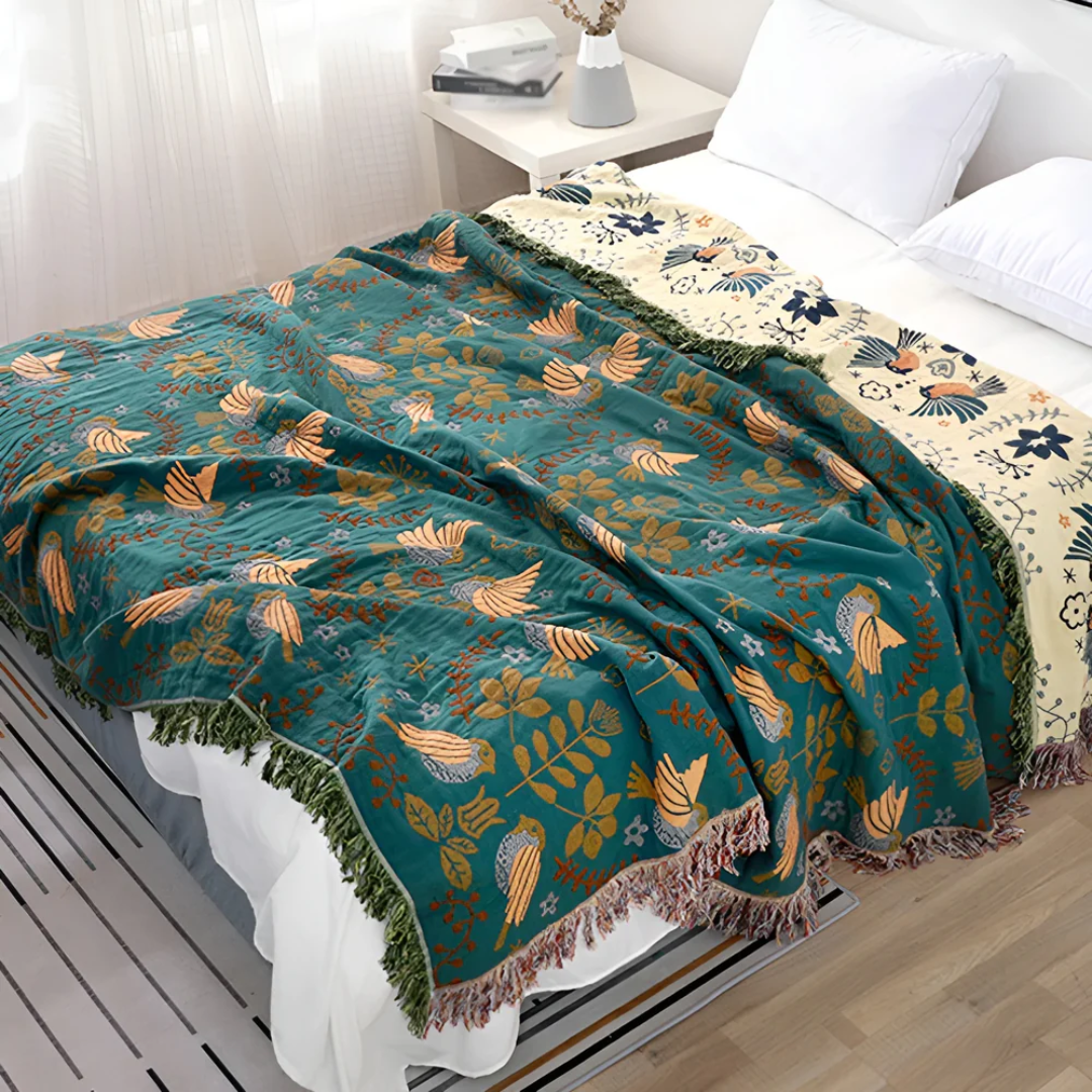 BowLift | Embroidered Cotton Throw Blanket with Birds and Flowers