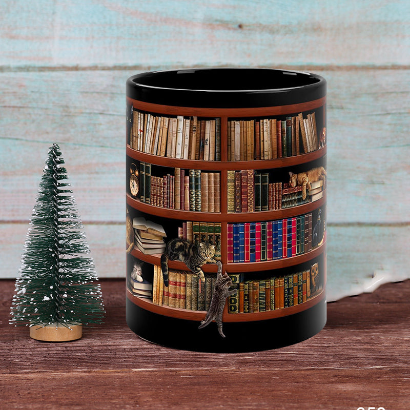 BowLift | Bookshelf Ceramic Coffee Mug - Gift for Cat Book Lovers