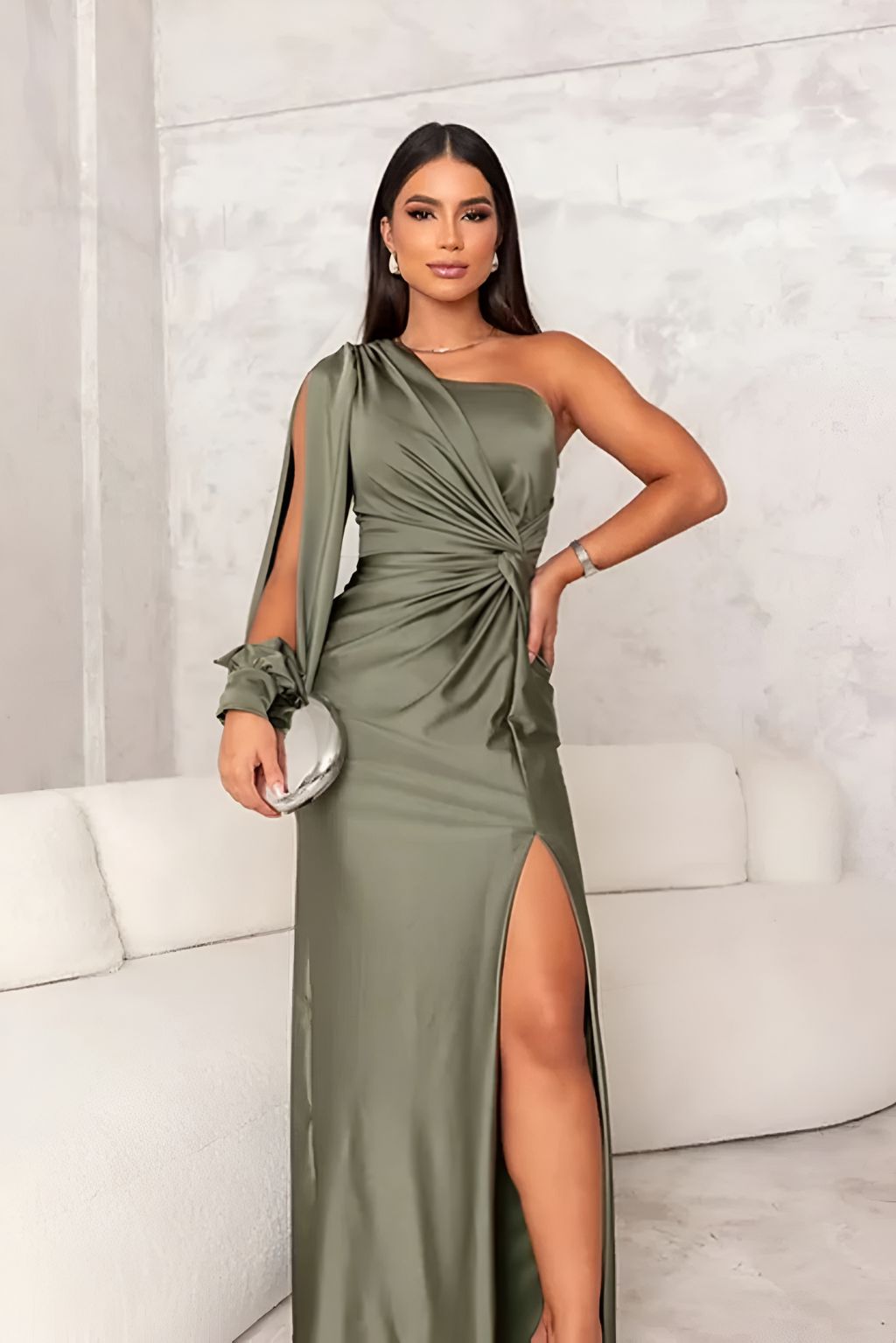 One-Shoulder Satin Evening Gown with High Slit