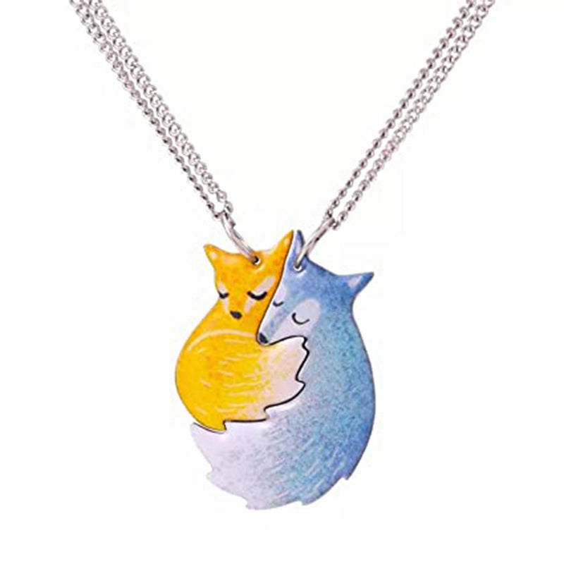 BowLift | Hand-painted Fox and Wolf Couple Embrace Necklace