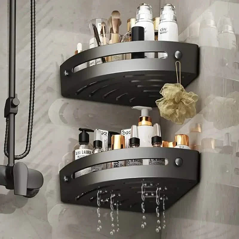 BowLift | 2-Tier: Stainless Steel Corner Shower Caddy, Adhesive Wall-Mounted Shower Shelves Without Drilling