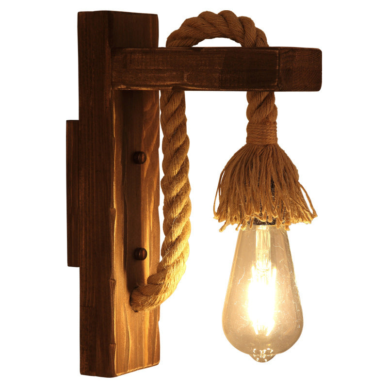 BowLift | Brown L-shaped wall-mounted lighting Rustic wood 1 light dining room wall light with hemp rope cable