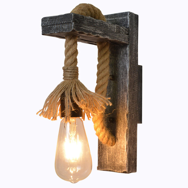 BowLift | Rope Gray Wall Hanging Lamp Bare Bulb 1 Light Industrial Style Wall Lighting Ideas with Wood L-Arm