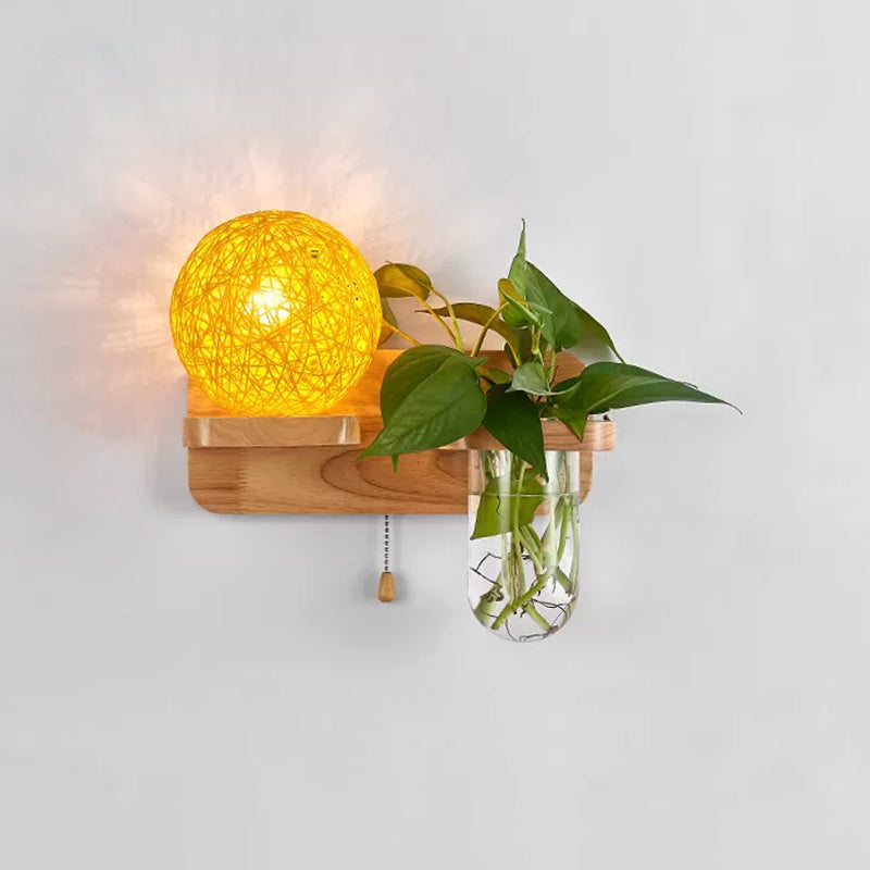 BowLift | Ball-shaped Nightstand Lamp Rattan 1-Light Modern Wall Lamp with Pull Switch in Wood