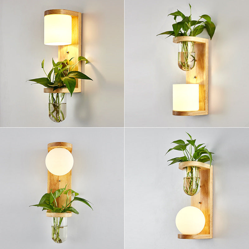 BowLift | White Glass Geometric Wall Lighting Modern 1 Head Wood Wall Lamp for Nightstand