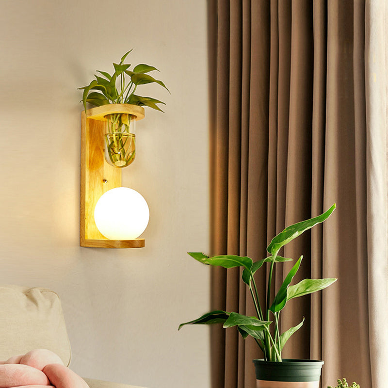BowLift | White Glass Geometric Wall Lighting Modern 1 Head Wood Wall Lamp for Nightstand