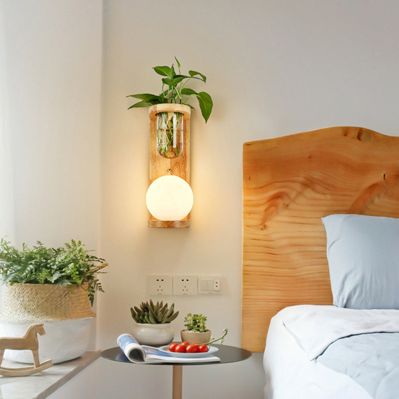 BowLift | White Glass Geometric Wall Lighting Modern 1 Head Wood Wall Lamp for Nightstand