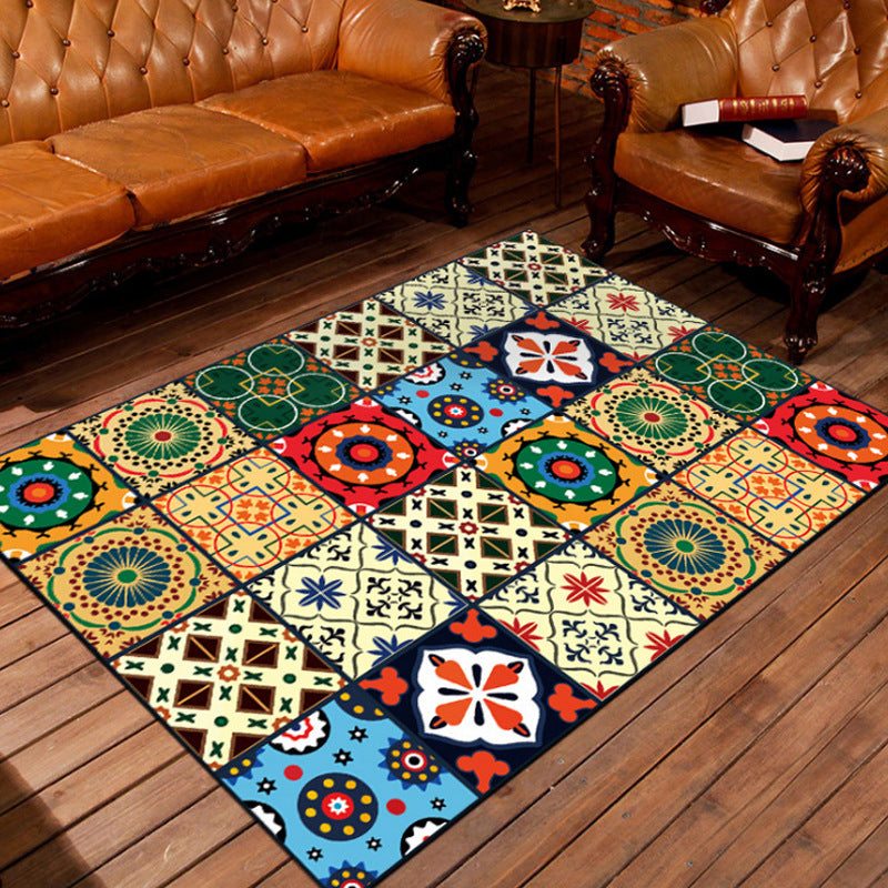 BowLift | Unusual geometric patterned rug Multicolored Moroccan style rug Polyester Anti-slip floor Machine washable Stain resistant rug for home