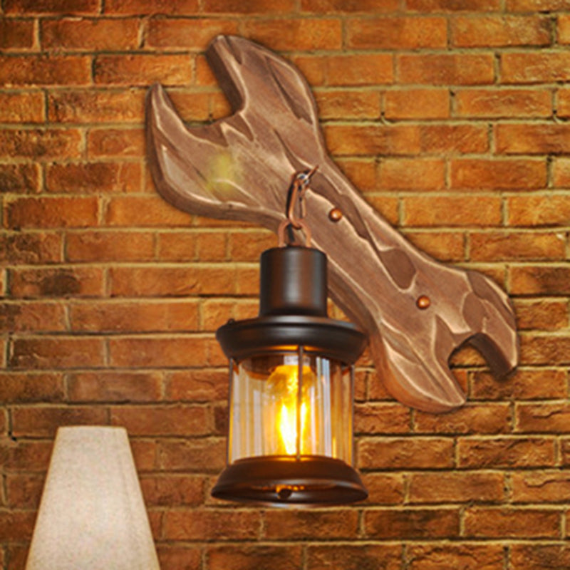 BowLift | Lantern Indoor Wall Lighting Rustic Style Clear Glass 1 Light Black Wall Lamp with Wooden Backplate