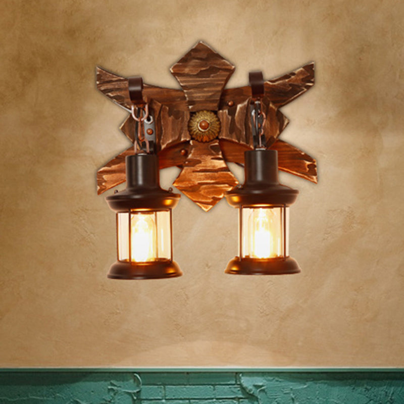 BowLift | Black Candle/Lantern Wall Lighting Vintage Style Clear Glass/Marble 2-Light Indoor Wall Sconce with Wooden Back Plate