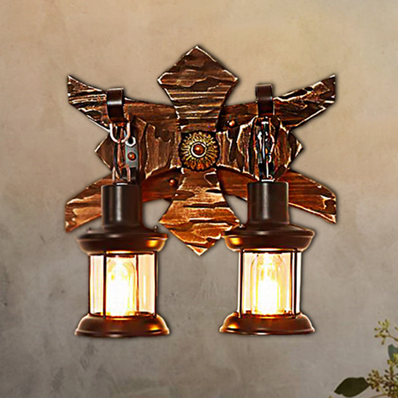 BowLift | Black Candle/Lantern Wall Lighting Vintage Style Clear Glass/Marble 2-Light Indoor Wall Sconce with Wooden Back Plate