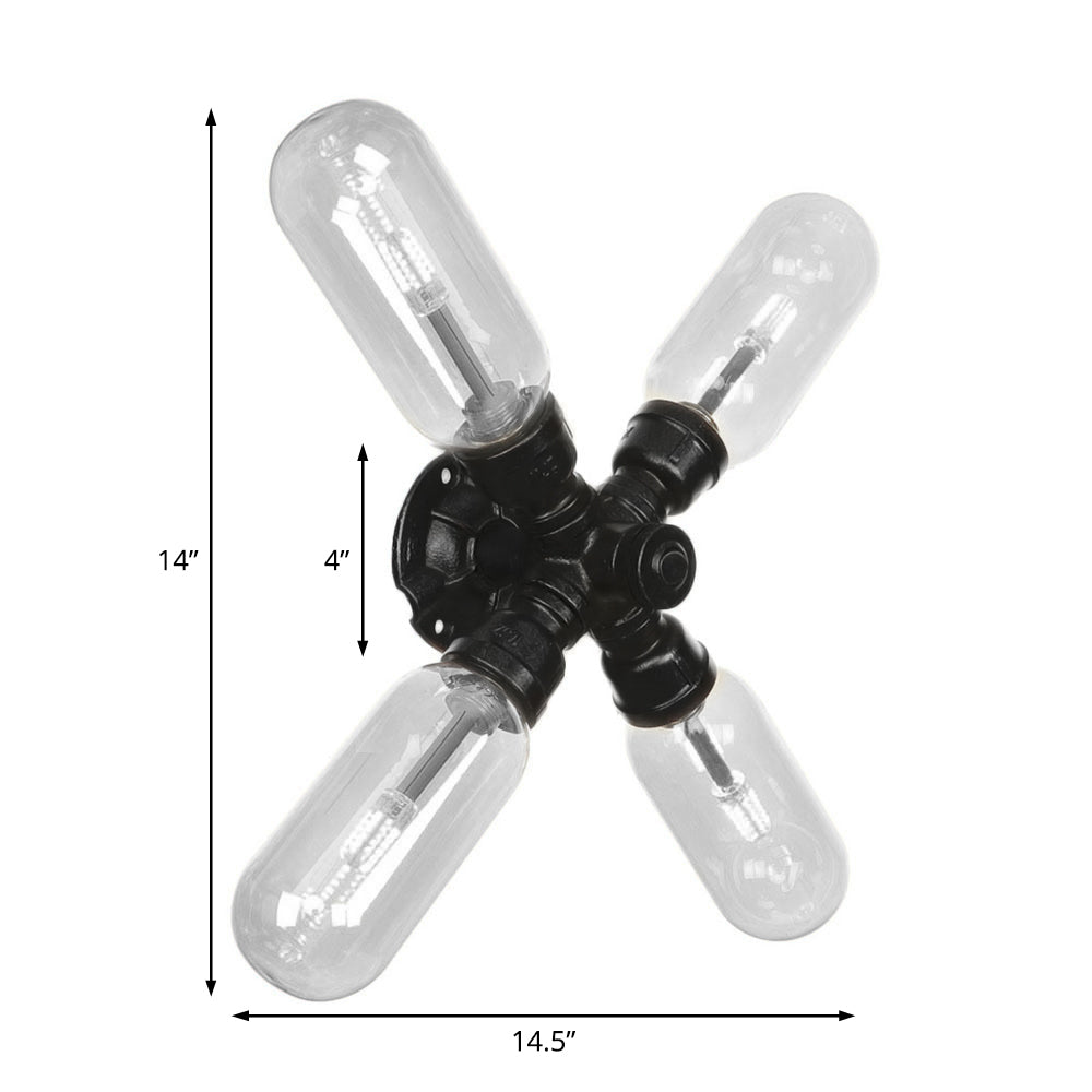 BowLift | Clear Glass Black Wall Lamp Capsule Shade 2/4 Light Industrial Wall Mounted Pipe Lighting
