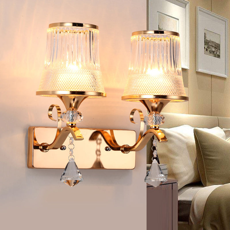 BowLift | Vintage Style Bell Wall Light Clear Glass 2 Lights Bedroom Gold Finish Wall Lamp with Crystal Accent