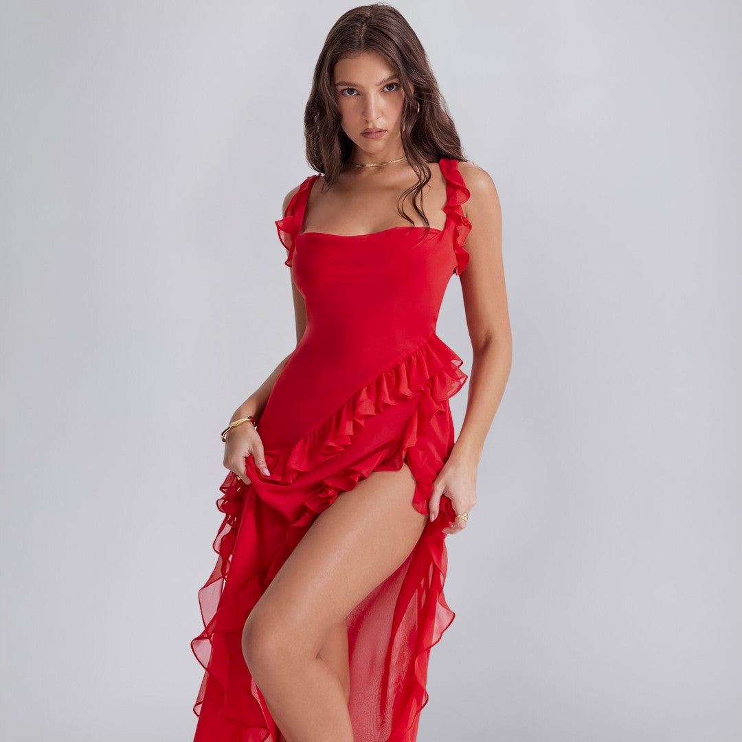 Square Neck Chiffon Dress with Ruffle Straps